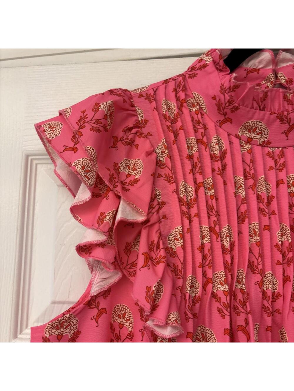 SHEIN Hot Pink Floral Sleeveless Pleated Ruffle Blouse. Size XL. Summer. - Picture 7 of 11